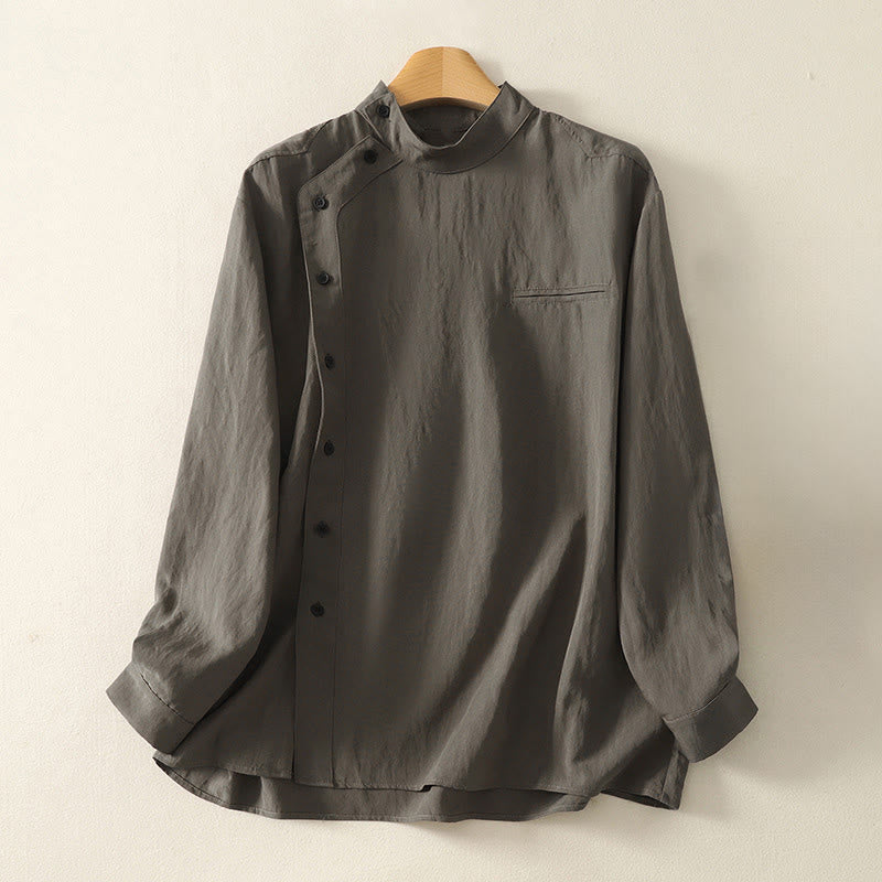 Camisa de algodón de manga larga para mujer, diseño simple, con cuello alto y botones de rana chinos y Buddha Stones - Gris oscuro - US8-10，UK/AU12-14，EU40-42 (2XL) - image 0