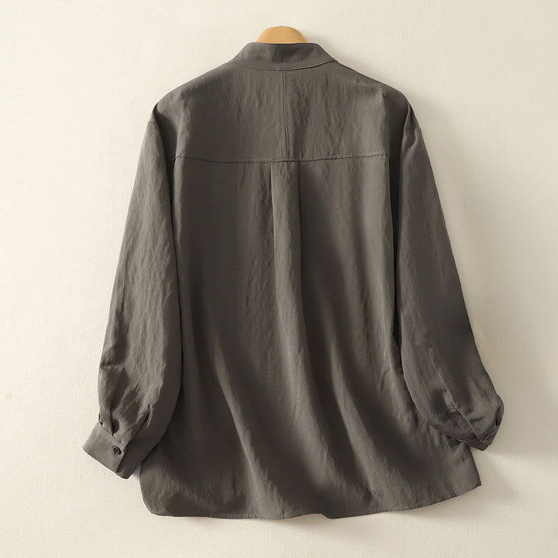 Camisa de algodón de manga larga para mujer, diseño simple, con cuello alto y botones de rana chinos y Buddha Stones - image 1