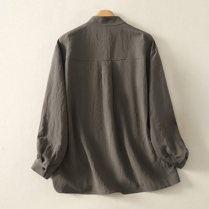 Camisa de algodón de manga larga para mujer, diseño simple, con cuello alto y botones de rana chinos y Buddha Stones - image 1