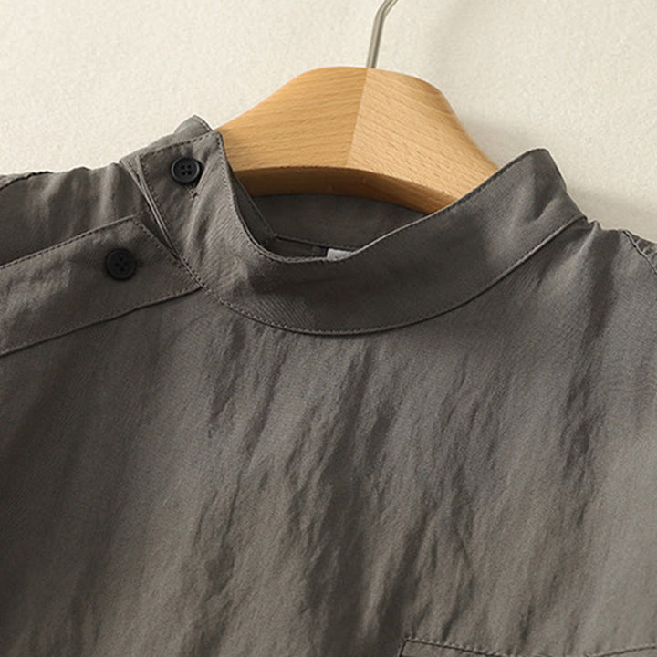 Camisa de algodón de manga larga para mujer, diseño simple, con cuello alto y botones de rana chinos y Buddha Stones - image 2