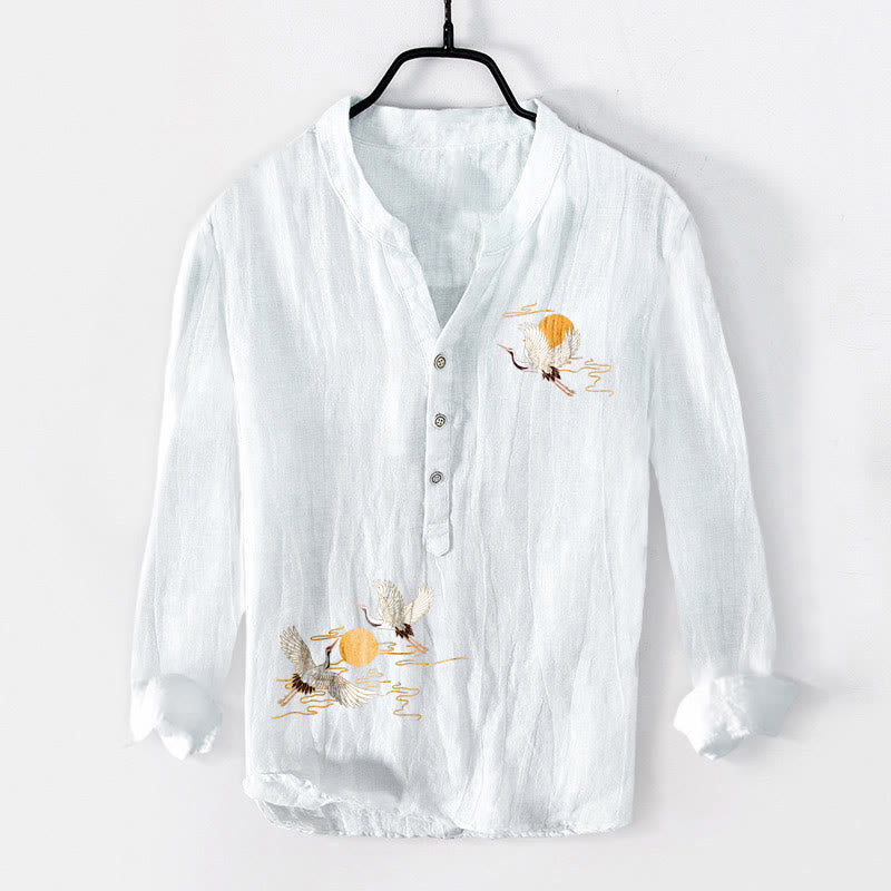 Camisa de manga larga para hombre, de algodón y lino, con botones a la mitad, estampado de grullas y Buddha Stones con sol dorado. - Blanco - US/UK/AU50, EU60 (5XL) - image 3