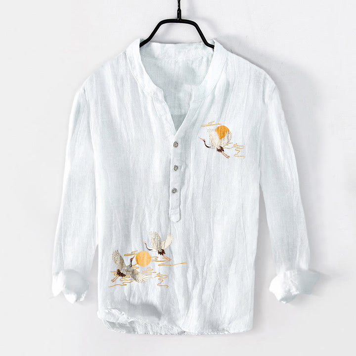 Camisa de manga larga para hombre, de algodón y lino, con botones a la mitad, estampado de grullas y Buddha Stones con sol dorado. - Blanco - US/UK/AU50, EU60 (5XL) - image 3