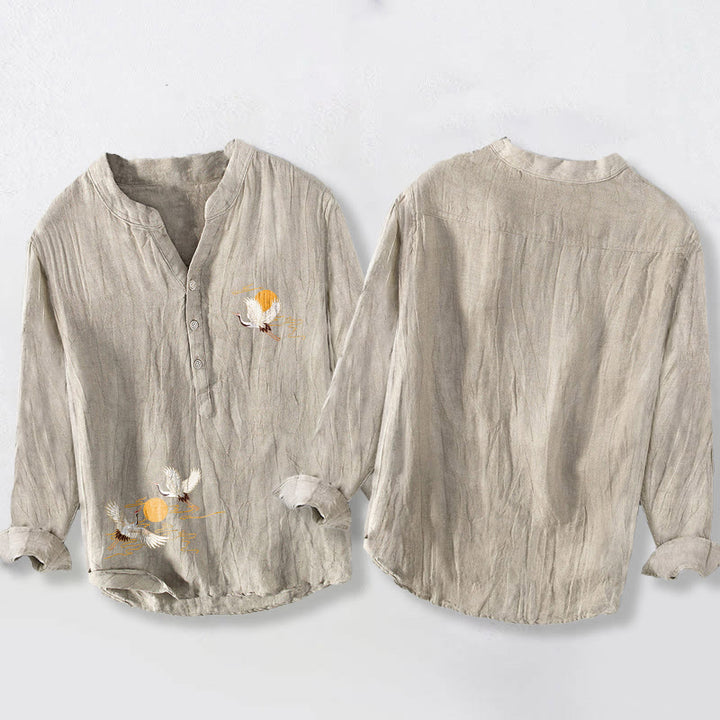Camisa de manga larga para hombre, de algodón y lino, con botones a la mitad, estampado de grullas y Buddha Stones con sol dorado. - image 8