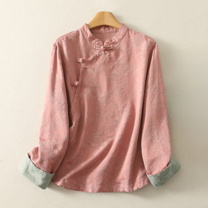 Camisa de manga larga de algodón zen para mujer con diseño jacquard liso de Buddha Stones de primavera - Salmón oscuro - US8-10，UK/AU12-14，EU40-42 (2XL) - image 10