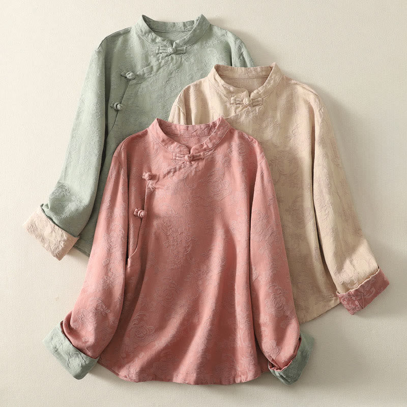 Camisa de manga larga de algodón zen para mujer con diseño jacquard liso de Buddha Stones de primavera - image 22