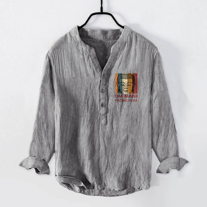 Camisa de manga larga para hombre de algodón y lino con botones y Buddha Stones OM MANI PADME HUM - Gris - US/UK/AU50, EU60 (5XL) - image 3