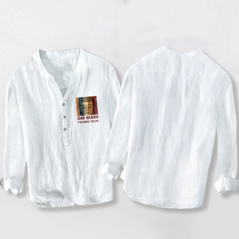 Camisa de manga larga para hombre de algodón y lino con botones y Buddha Stones OM MANI PADME HUM - image 8