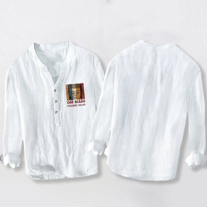 Camisa de manga larga para hombre de algodón y lino con botones y Buddha Stones OM MANI PADME HUM - image 8