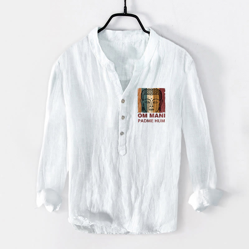 Camisa de manga larga para hombre de algodón y lino con botones y Buddha Stones OM MANI PADME HUM - Blanco - US/UK/AU50, EU60 (5XL) - image 6