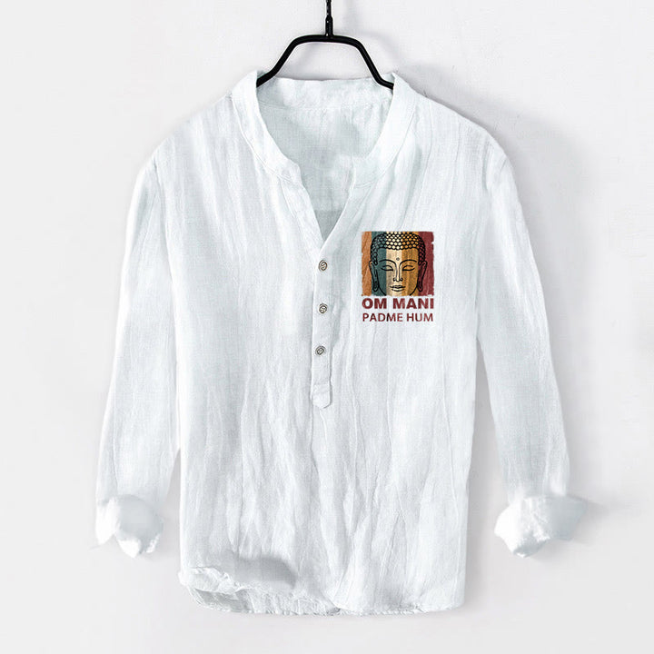 Camisa de manga larga para hombre de algodón y lino con botones y Buddha Stones OM MANI PADME HUM - Blanco - US/UK/AU50, EU60 (5XL) - image 6