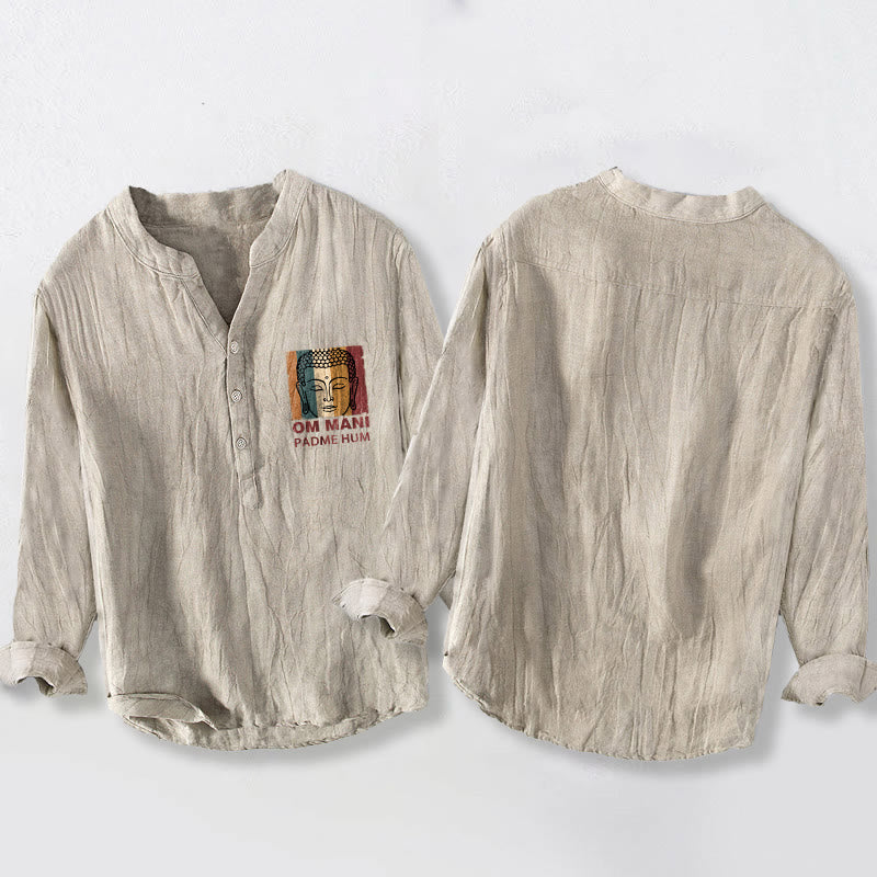 Camisa de manga larga para hombre de algodón y lino con botones y Buddha Stones OM MANI PADME HUM - image 2