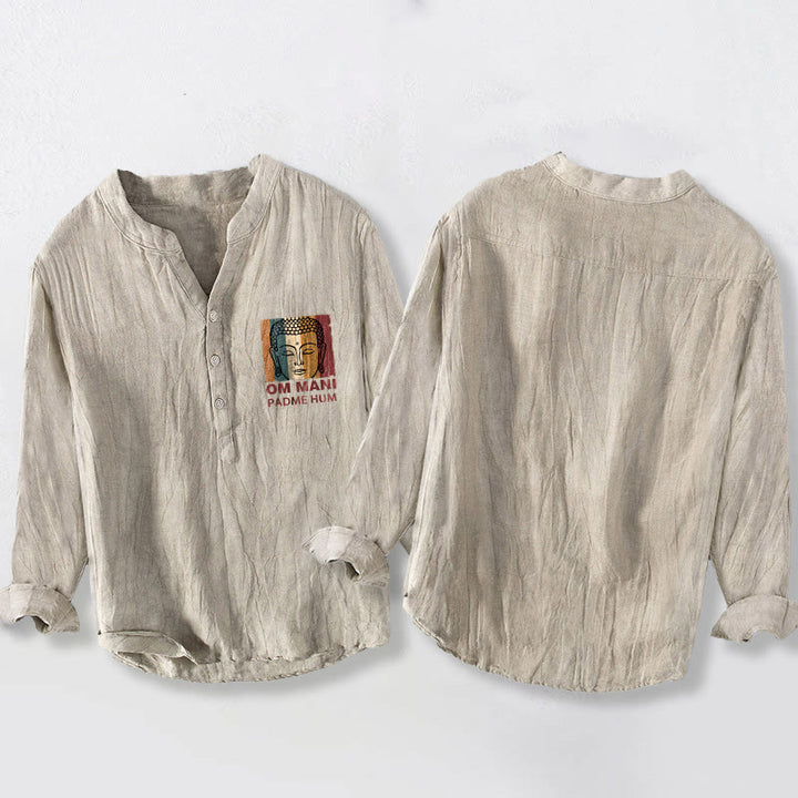 Camisa de manga larga para hombre de algodón y lino con botones y Buddha Stones OM MANI PADME HUM - image 2