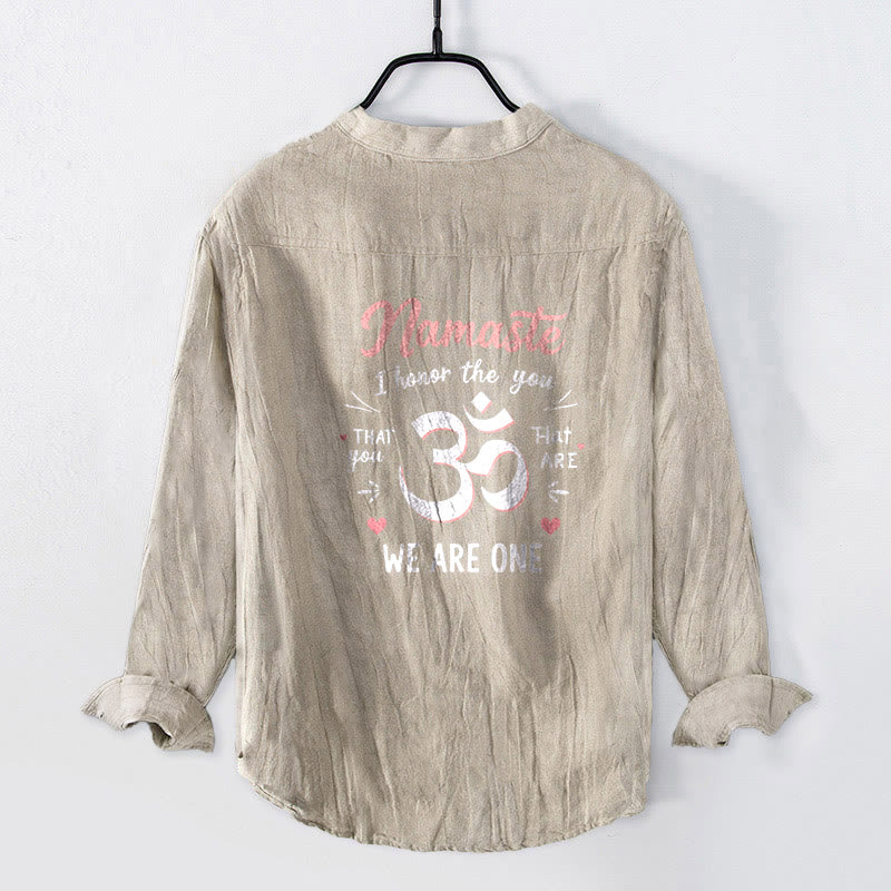 Camisa de manga larga de lino y algodón para hombre con estampado Om "Namaste, te honro" y Buddha Stones . - image 5