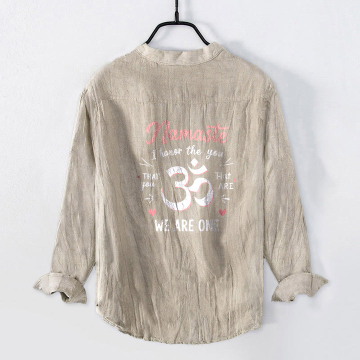 Camisa de manga larga de lino y algodón para hombre con estampado Om "Namaste, te honro" y Buddha Stones . - image 5