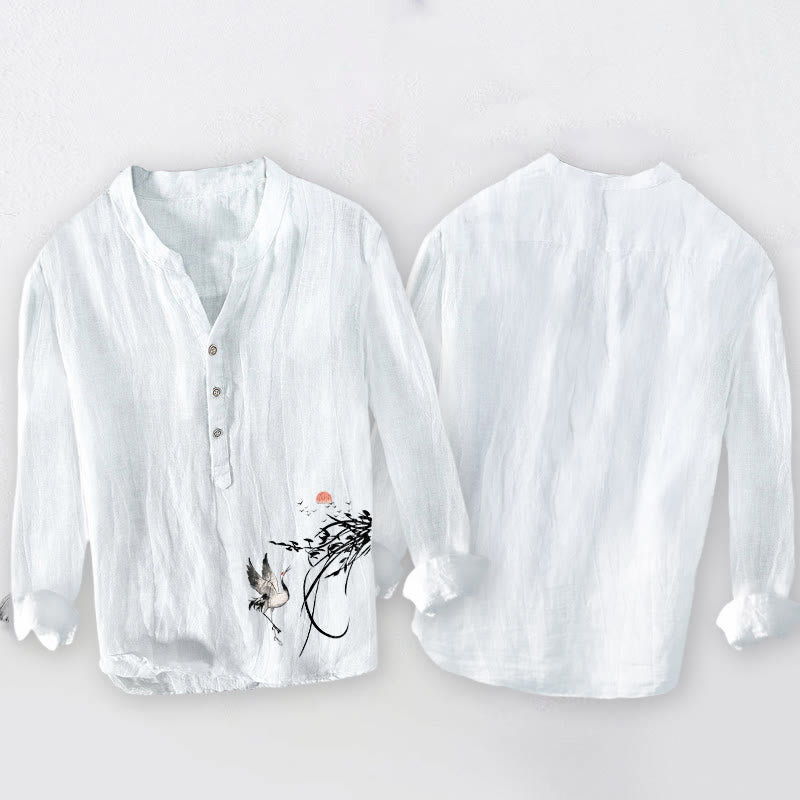 Camisa de manga larga de algodón y lino para hombre con diseño de Buddha Stones naciente y ramas de grulla, con botones a la izquierda - image 8