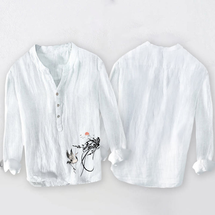 Camisa de manga larga de algodón y lino para hombre con diseño de Buddha Stones naciente y ramas de grulla, con botones a la izquierda - image 8