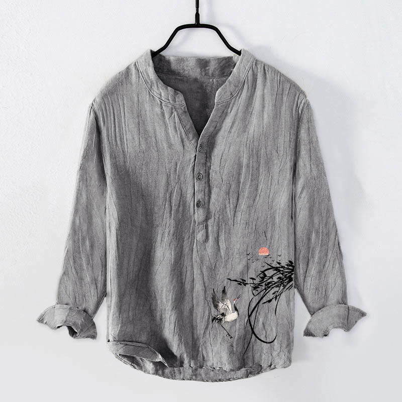 Camisa de manga larga de algodón y lino para hombre con diseño de Buddha Stones naciente y ramas de grulla, con botones a la izquierda - Gris - US/UK/AU50, UE60 (5XL) - image 3