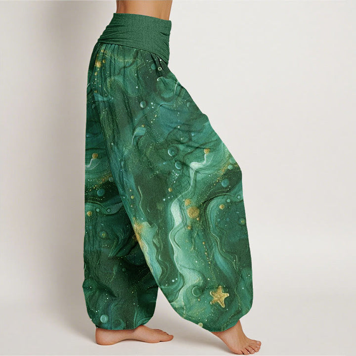 Pantalones bombachos de cintura elástica para mujer con estampado de estrellas doradas y Buddha Stones en algodón. - image 9