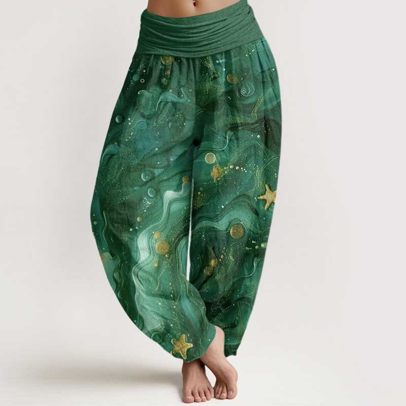 Pantalones bombachos de cintura elástica para mujer con estampado de estrellas doradas y Buddha Stones en algodón. - Verde oscuro - US22，UK/AU26，EU54 (6XL) - image 7