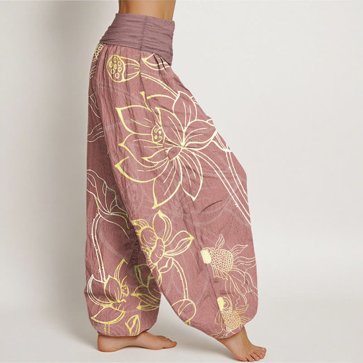 Pantalones Buddha Stones de algodón puro con diseño de hojas de loto y peces koi para mujer, con cintura elástica - image 11