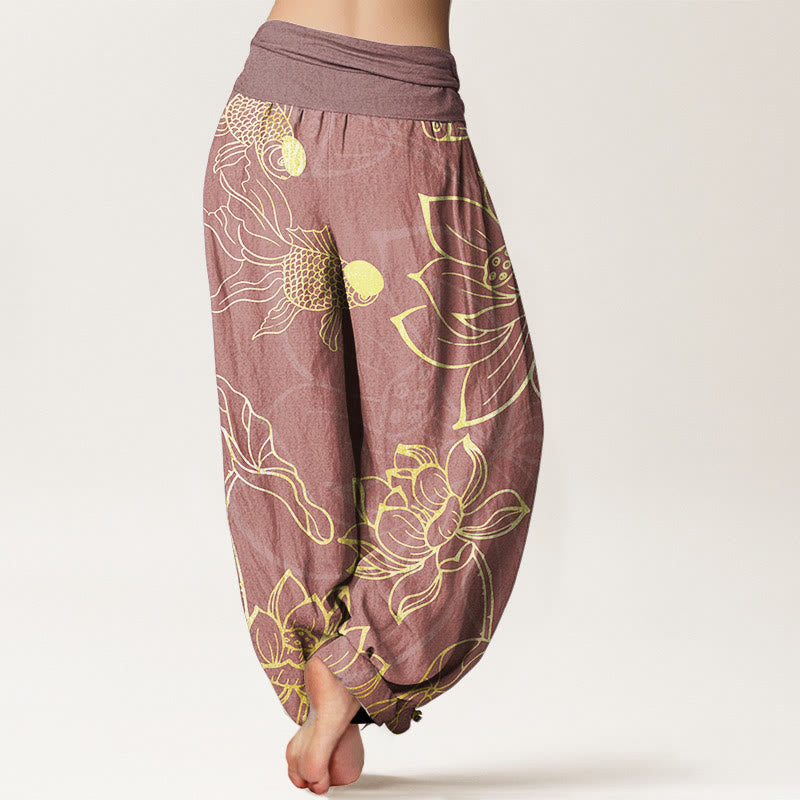 Pantalones Buddha Stones de algodón puro con diseño de hojas de loto y peces koi para mujer, con cintura elástica - image 10