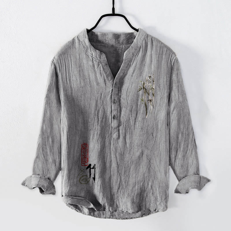 Camisa de manga larga para hombre, de algodón y lino, con estampado de Buddha Stones (media botonadura). - Gris - US/UK/AU50, EU60 (5XL) - image 3