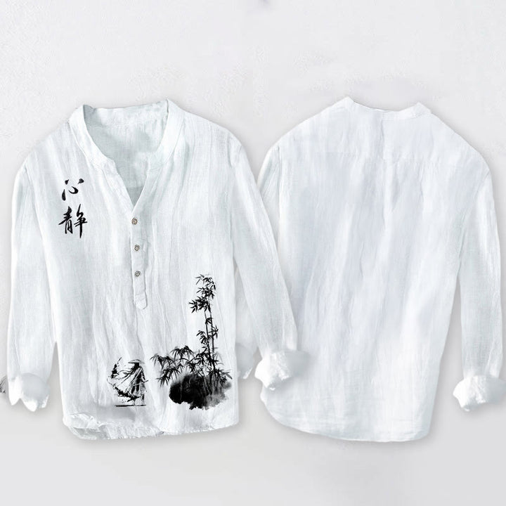 Camisa de manga larga para hombre, de algodón y lino, con estampado de espadachines, caracteres chinos , Buddha Stones y bambú. Media botonadura. - image 8