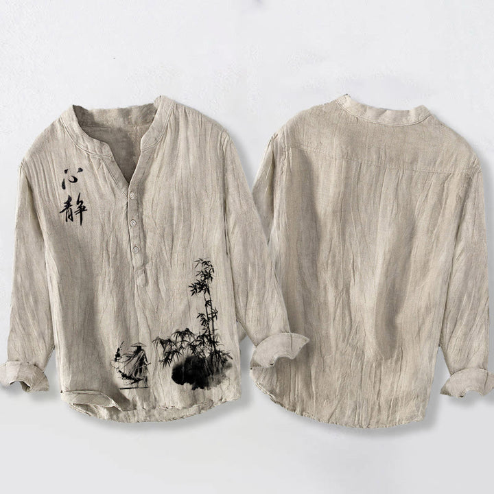 Camisa de manga larga para hombre, de algodón y lino, con estampado de espadachines, caracteres chinos , Buddha Stones y bambú. Media botonadura. - image 2