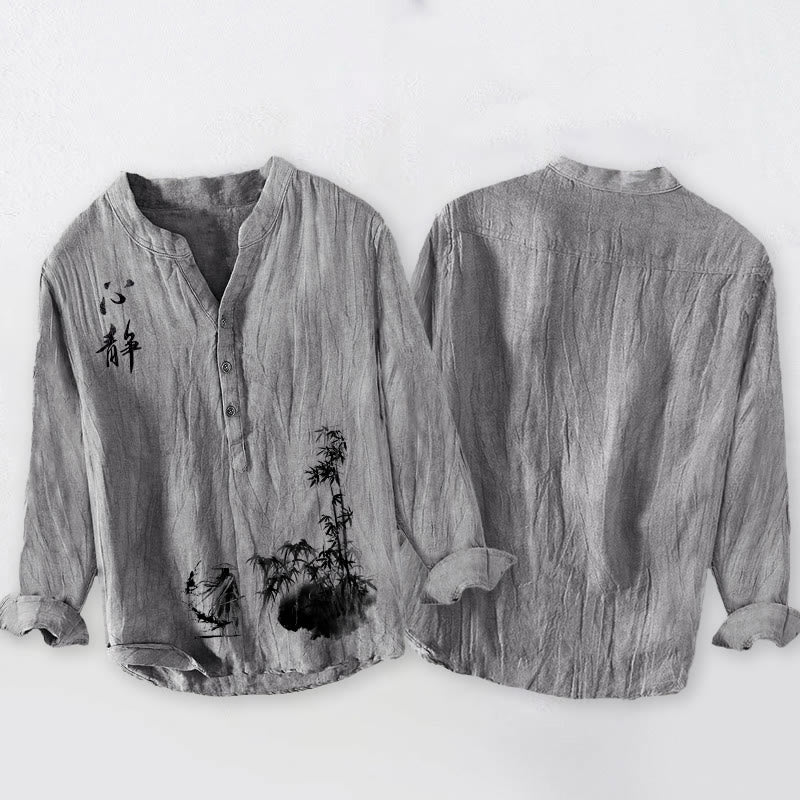 Camisa de manga larga para hombre, de algodón y lino, con estampado de espadachines, caracteres chinos , Buddha Stones y bambú. Media botonadura. - image 5