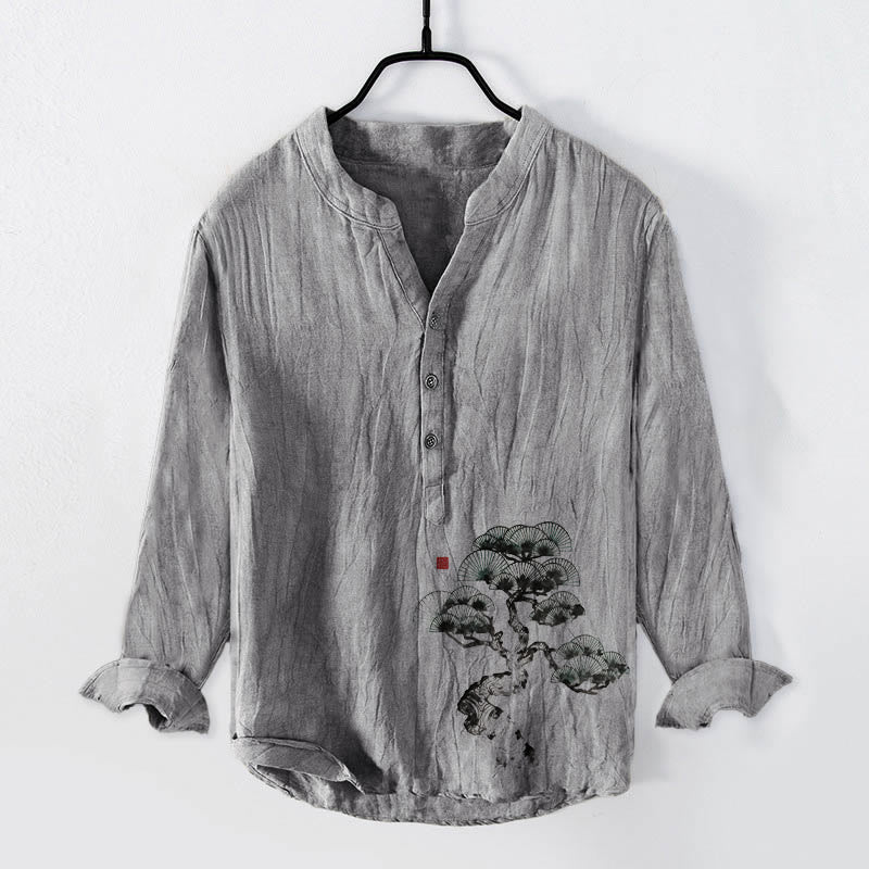 Camisa de manga larga de algodón y lino para hombre con estampado de pino y piedras de Buddha Stones, con botones y medio cuello - Gris - US/UK/AU50, EU60 (5XL) - image 3