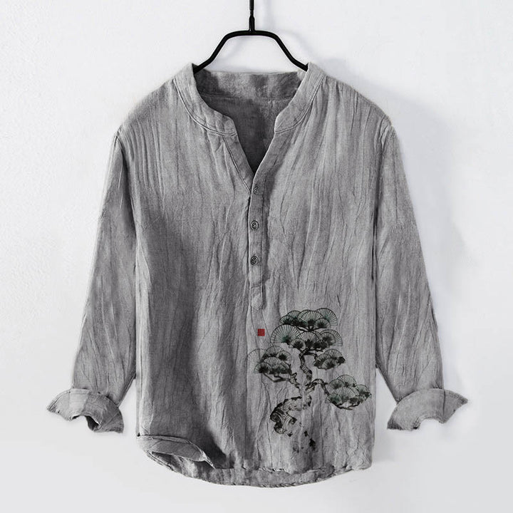 Camisa de manga larga de algodón y lino para hombre con estampado de pino y piedras de Buddha Stones, con botones y medio cuello - Gris - US/UK/AU50, EU60 (5XL) - image 3