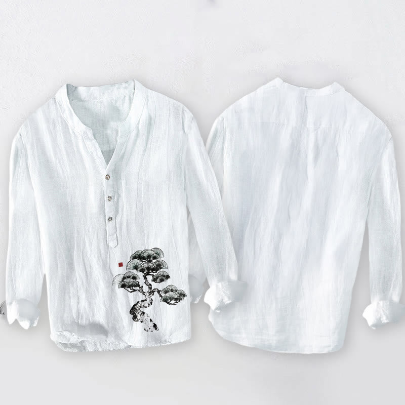 Camisa de manga larga de algodón y lino para hombre con estampado de pino y piedras de Buddha Stones, con botones y medio cuello - image 8