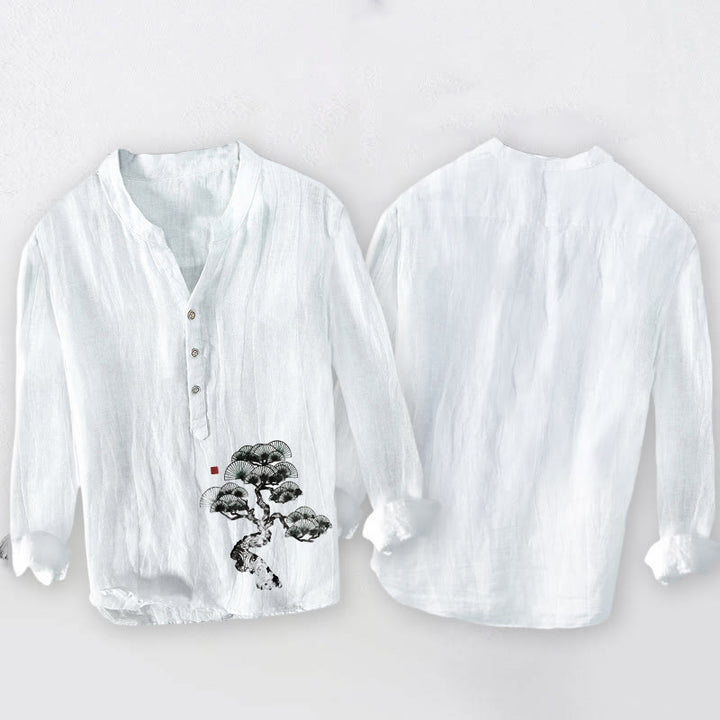 Camisa de manga larga de algodón y lino para hombre con estampado de pino y piedras de Buddha Stones, con botones y medio cuello - image 8