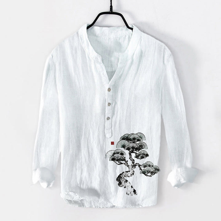 Camisa de manga larga de algodón y lino para hombre con estampado de pino y piedras de Buddha Stones, con botones y medio cuello - Blanco - US/UK/AU50, EU60 (5XL) - image 6