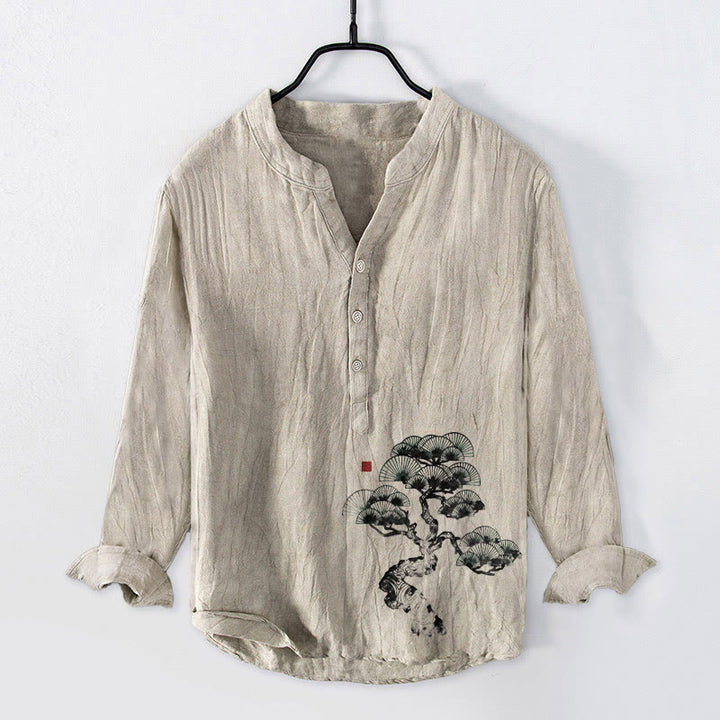 Camisa de manga larga de algodón y lino para hombre con estampado de pino y piedras de Buddha Stones, con botones y medio cuello - Lino - US/UK/AU50, EU60 (5XL) - image 0