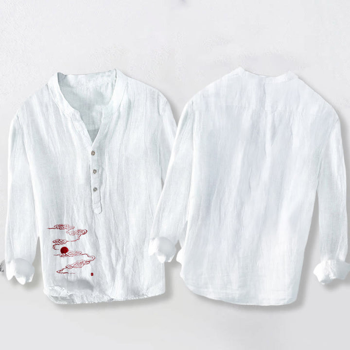 Camisa de manga larga de lino y algodón para hombre con diseño de Buddha Stones, nubes auspiciosas y sol rojo, con botones y medio cuello. - image 5