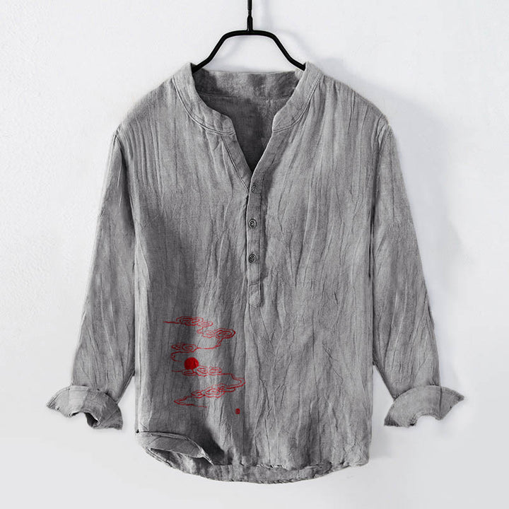 Camisa de manga larga de lino y algodón para hombre con diseño de Buddha Stones, nubes auspiciosas y sol rojo, con botones y medio cuello. - Gris - US/UK/AU50, EU60 (5XL) - image 0