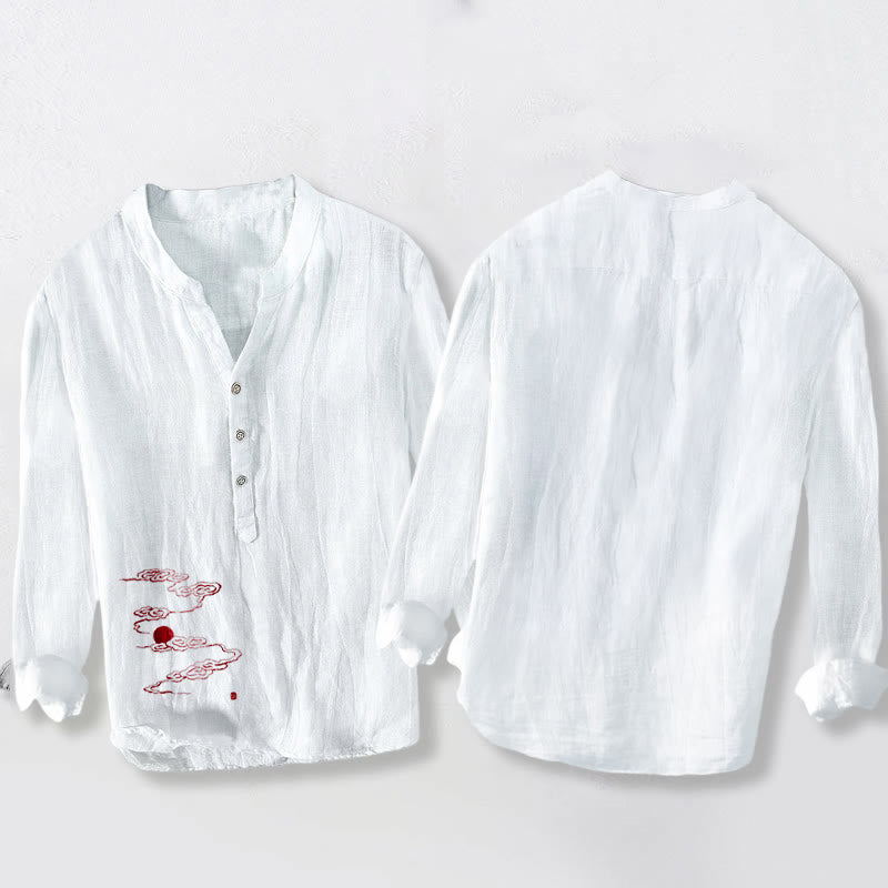 Camisa de manga larga de lino y algodón para hombre con diseño de Buddha Stones, nubes auspiciosas y sol rojo, con botones y medio cuello. - image 5