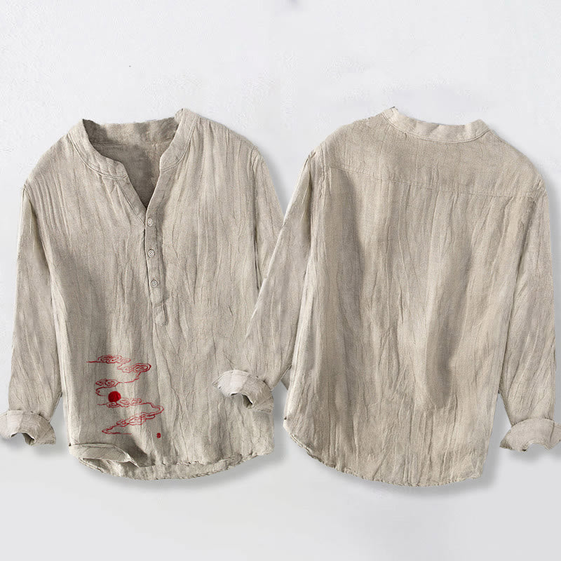 Camisa de manga larga de lino y algodón para hombre con diseño de Buddha Stones, nubes auspiciosas y sol rojo, con botones y medio cuello. - image 8