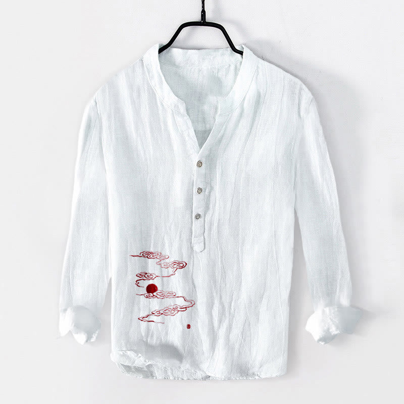 Camisa de manga larga de lino y algodón para hombre con diseño de Buddha Stones, nubes auspiciosas y sol rojo, con botones y medio cuello. - Blanco - US/UK/AU50, EU60 (5XL) - image 3