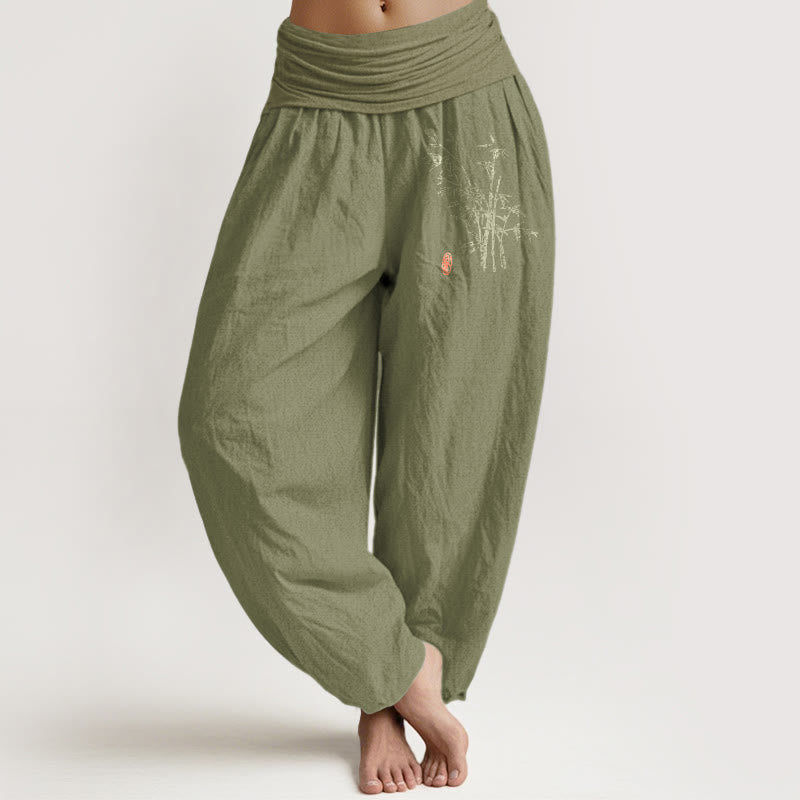 Buddha Stones Pantalones harén de algodón con cintura elástica y estampado de hojas de bambú para mujer - Verde oliva - US16，UK/AU20，EU48 (3XL) - image 14
