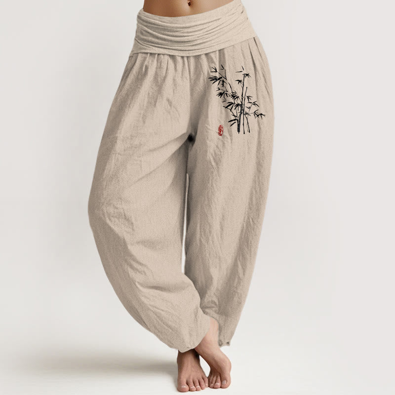 Buddha Stones Pantalones harén de algodón con cintura elástica y estampado de hojas de bambú para mujer - Broncearse - US16，UK/AU20，EU48 (3XL) - image 0