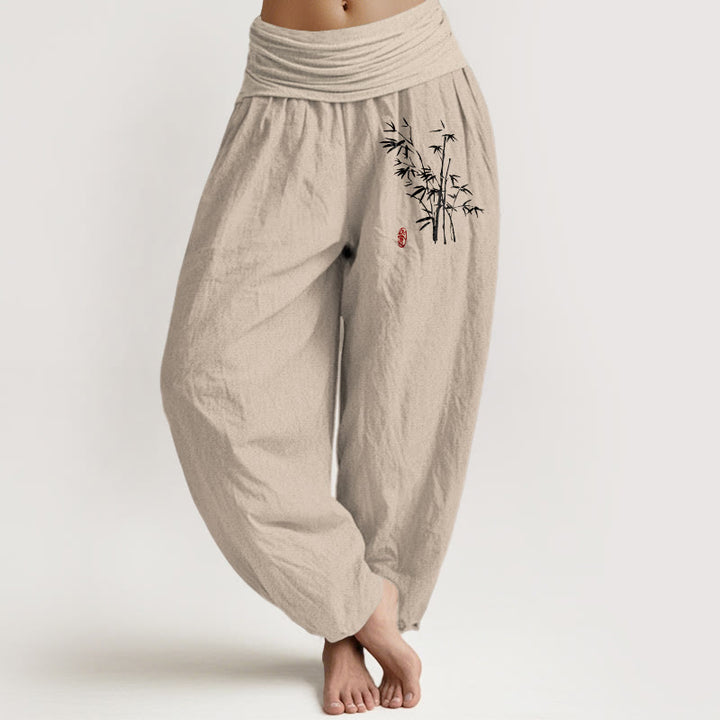 Buddha Stones Pantalones harén de algodón con cintura elástica y estampado de hojas de bambú para mujer - Broncearse - US16，UK/AU20，EU48 (3XL) - image 0