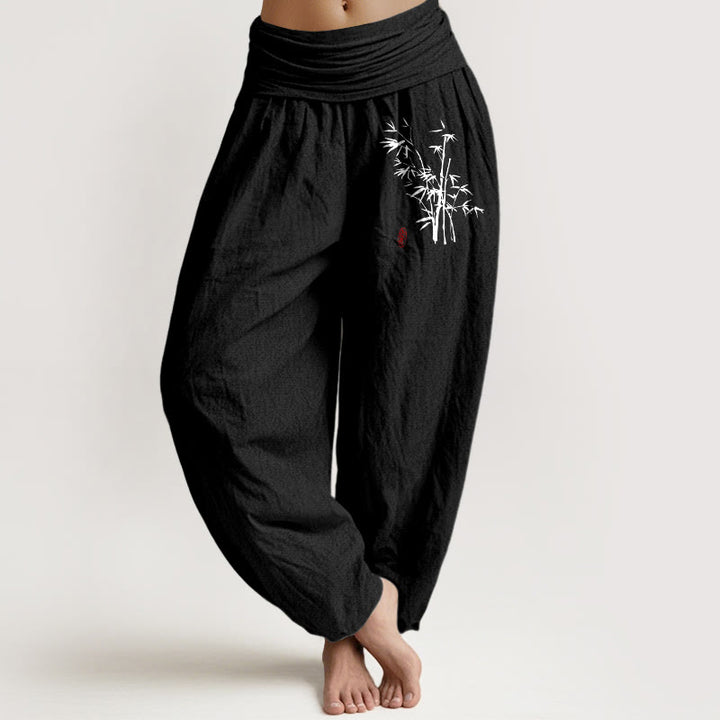 Buddha Stones Pantalones harén de algodón con cintura elástica y estampado de hojas de bambú para mujer - Negro - US16，UK/AU20，EU48 (3XL) - image 5
