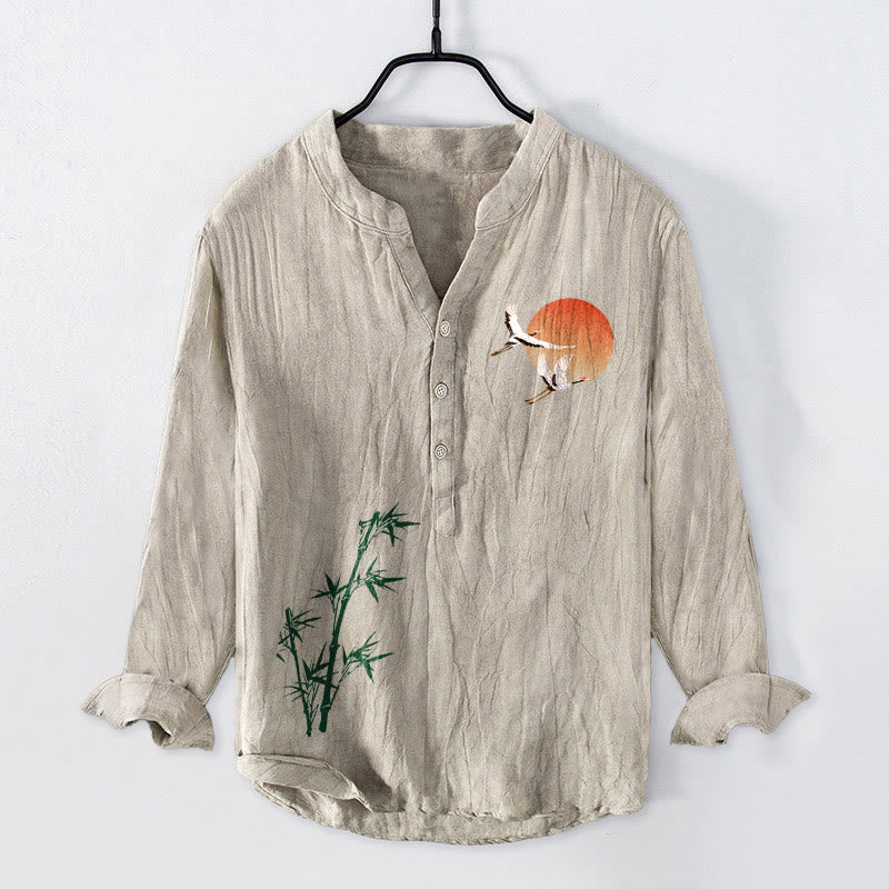 Camisa de manga larga de algodón y lino para hombre con diseño de hojas de bambú, grulla solar y Buddha Stones, con botones y medio botón. - Lino - US/UK/AU50, EU60 (5XL) - image 0
