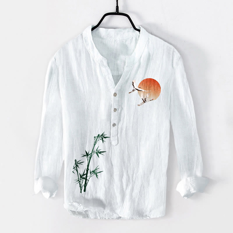 Camisa de manga larga de algodón y lino para hombre con diseño de hojas de bambú, grulla solar y Buddha Stones, con botones y medio botón. - Blanco - US/UK/AU50, UE60 (5XL) - image 6