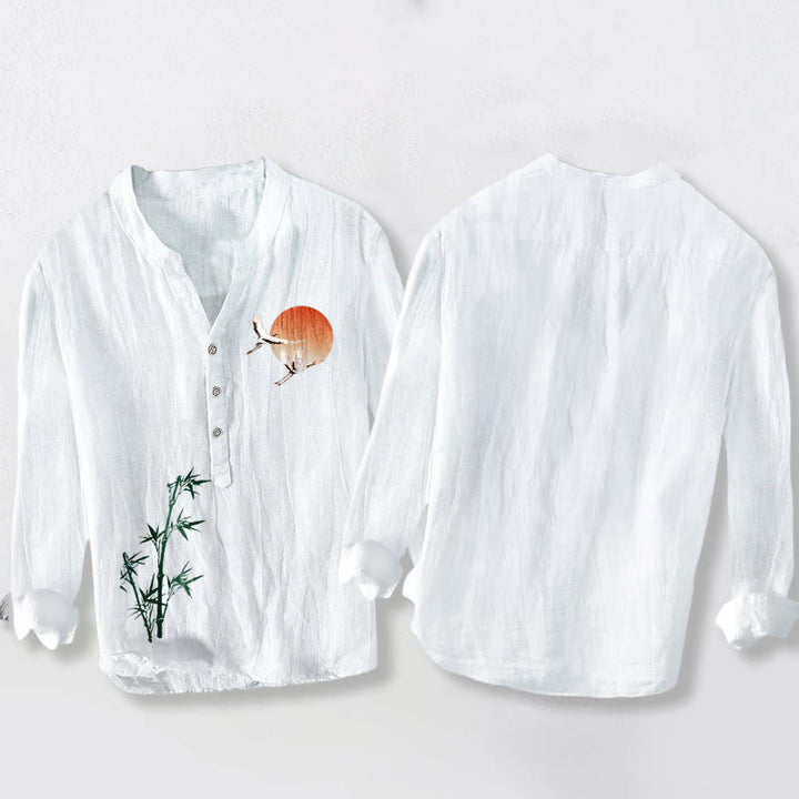 Camisa de manga larga de algodón y lino para hombre con diseño de hojas de bambú, grulla solar y Buddha Stones, con botones y medio botón. - image 8
