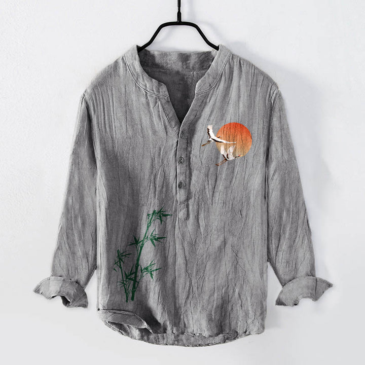 Camisa de manga larga de algodón y lino para hombre con diseño de hojas de bambú, grulla solar y Buddha Stones, con botones y medio botón. - Gris - US/UK/AU50, UE60 (5XL) - image 3