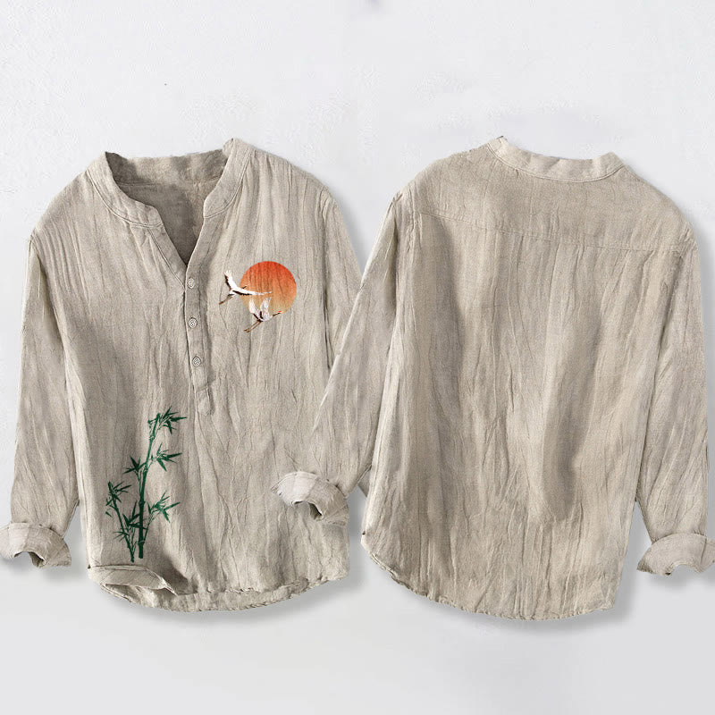 Camisa de manga larga de algodón y lino para hombre con diseño de hojas de bambú, grulla solar y Buddha Stones, con botones y medio botón. - image 2