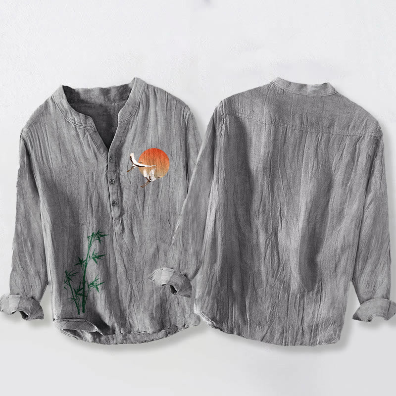 Camisa de manga larga de algodón y lino para hombre con diseño de hojas de bambú, grulla solar y Buddha Stones, con botones y medio botón. - image 5